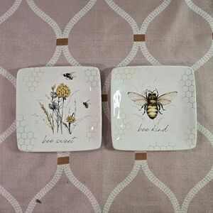 Bee Kind Sweet Honeybee Floral Nature 6" Ceramic Canape Snack Plate Set of 2